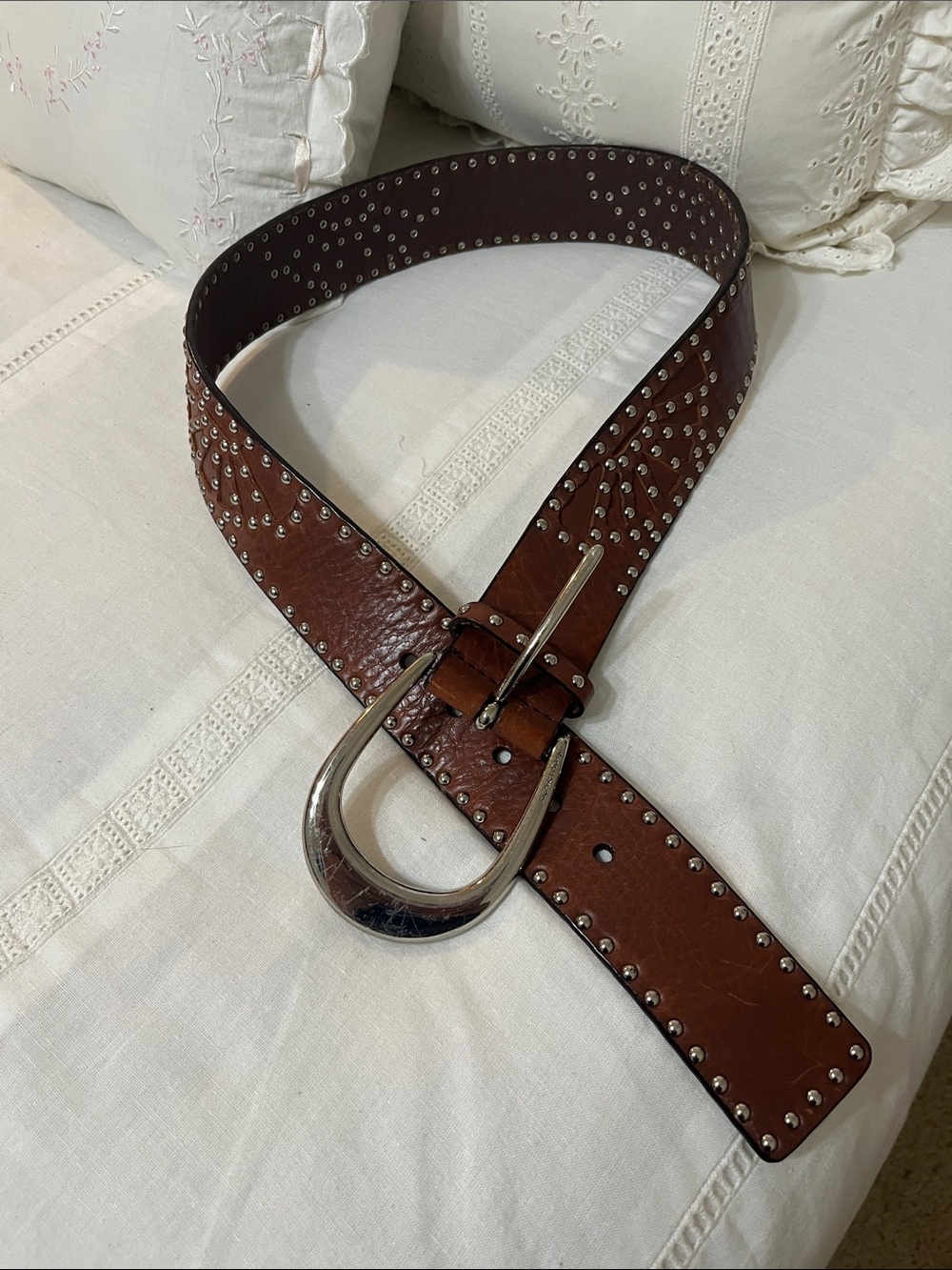 Michael Kors Brown Leather Studded Belt with Silver Buckle